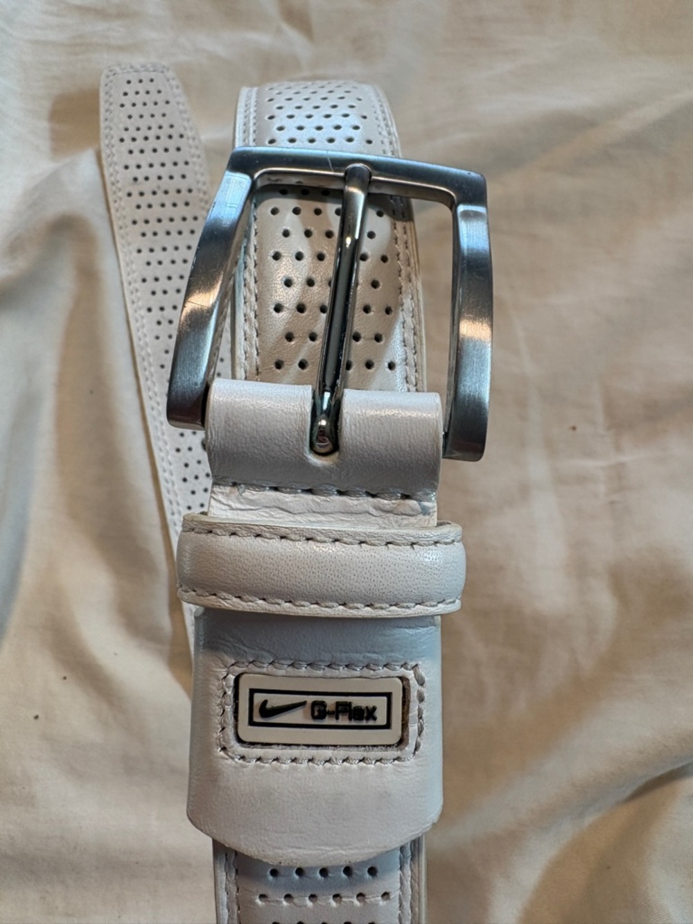 Nike White Perforated Leather Belt with Silver Buckle